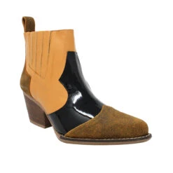 MADDIE 60 Edicion Limitada - Charol Negro Y Miel Regina Romero Zapato Bota Botin Tacon Bajo Para Dama En Piel -Ofertas Pasos Y Bolsos Tienda Regina Romero bota botin Maddie miel charol negro 2