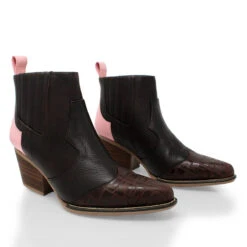 MADDIE 60 Edicion Limitada - Chocolate Y Rosa Romero Zapato Bota Botin Tacon Bajo Para Dama En Piel -Ofertas Pasos Y Bolsos Tienda Regina Romero bota botin vaquero Maddiechocolate rosa piel 2