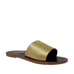 ALMA - Oro Regina Romero Resort Zapato Sandalia De Piso Para Dama En Piel -Ofertas Pasos Y Bolsos Tienda Regina Romero resort zapato sandalia de piso Alma cobra oro piel 2