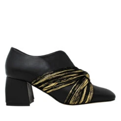 ALFONSINA 50 - Negro Y Oro Viejo Regina Romero Zapato Zapatilla Tacon Bajo Para Dama En Piel