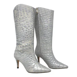 PAOLA 75 - Plata Regina Romero Zapato Bota Larga Tacon Alto Para Dama En Piel -Ofertas Pasos Y Bolsos Tienda Regina Romero zapato bota botin Paola plata piel 6